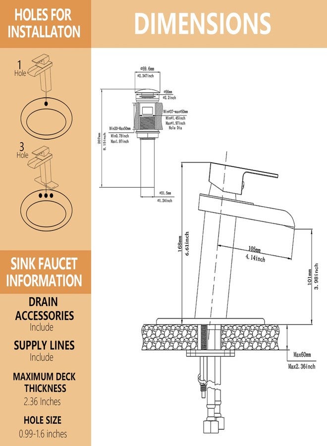 BATHLAVISH Gold Bathroom Faucet Waterfall Single Hole Sink Brushed Gold Single Handle with Pop Up Drain with Overflow Vanity Lavatory Mixer Tap Modern Deck Mount - Image 5